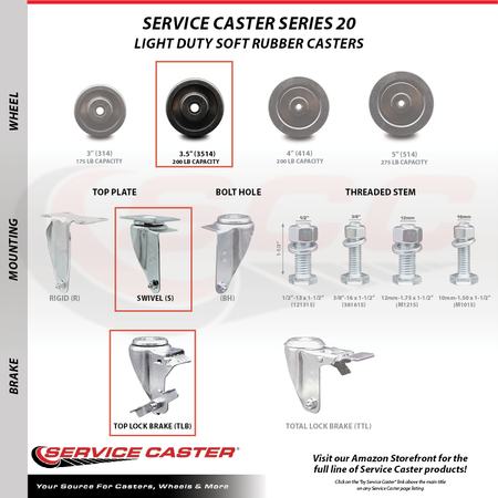 Service Caster 3.5 Inch SS Soft Rubber Wheel Swivel Top Plate Caster Set with 2 Brakes SCC SCC-SS20S3514-SRS-2-TLB-2